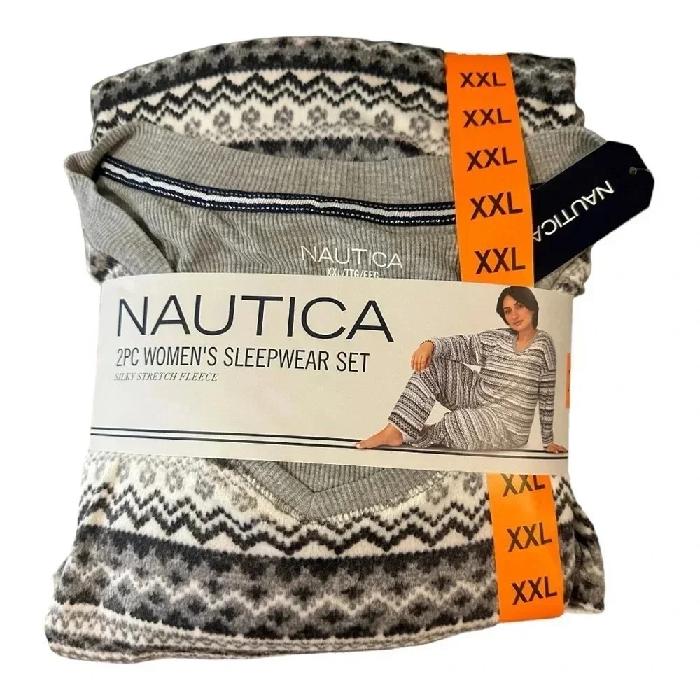 Nautica Pajama‎ PJ Set Women's size XXL 2 Piece Fleece Sleepwear V-Neck Top Gray